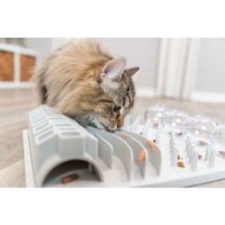 Gato utilizando el juego interactivo Trixie Cat Activity Fun Board